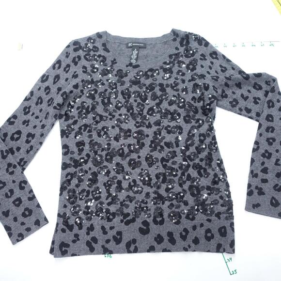 I.N.C. International Concepts Sweater Womens Medium Gray Leopard Print Sequin - Picture 1 of 5
